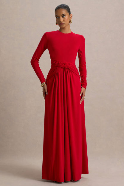 Estrella | Vestido largo rojo de mangas largas y detalle cruzado en la cintura