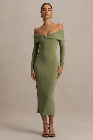 Spark | Vestido Midi Oliva Con Escote Bardot Y Detalle De Lazo