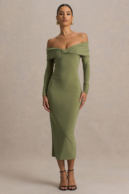 Spark | Vestido Midi Oliva Con Escote Bardot Y Detalle De Lazo