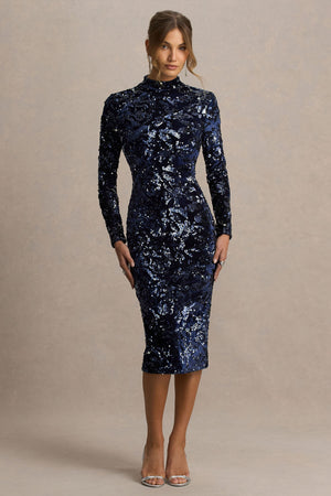 Alanita | Vestido midi azul marino de terciopelo y lentejuelas con cuello alto y mangas largas
