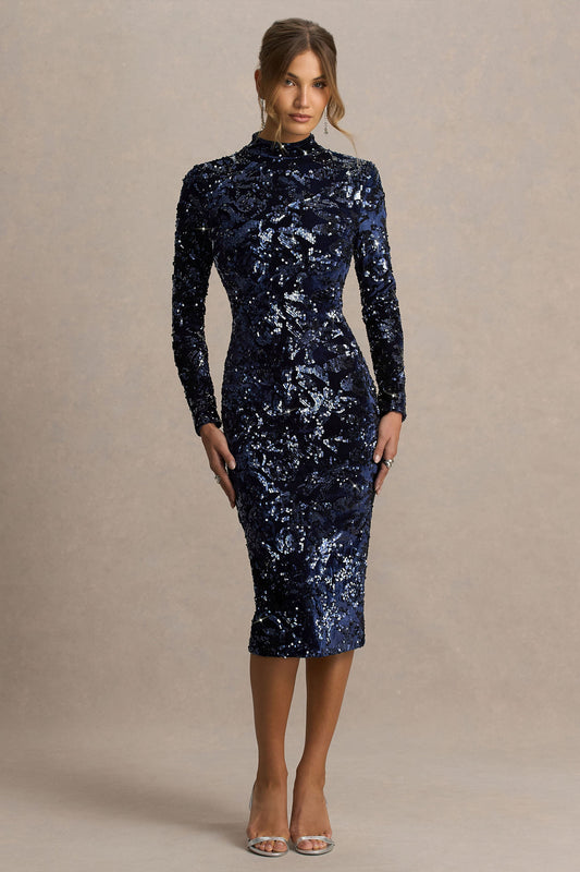 Alanita | Vestido midi azul marino de terciopelo y lentejuelas con cuello alto y mangas largas