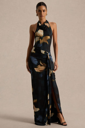 Sunflower | Vestido largo de cuello alto con estampado de lirios oscuros y abertura frontal alta