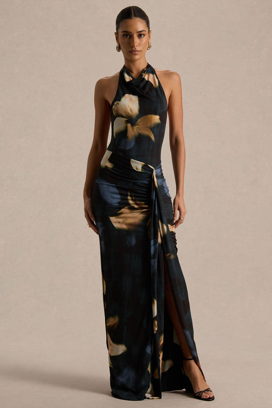 Sunflower | Vestido largo de cuello alto con estampado de lirios oscuros y abertura frontal alta
