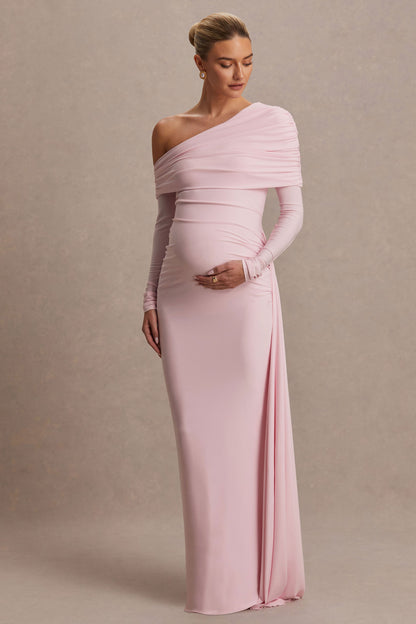 Amara | Vestido Largo Premamá Rosa Empolvado con Escote Asimétrico y Detalle de Fajín