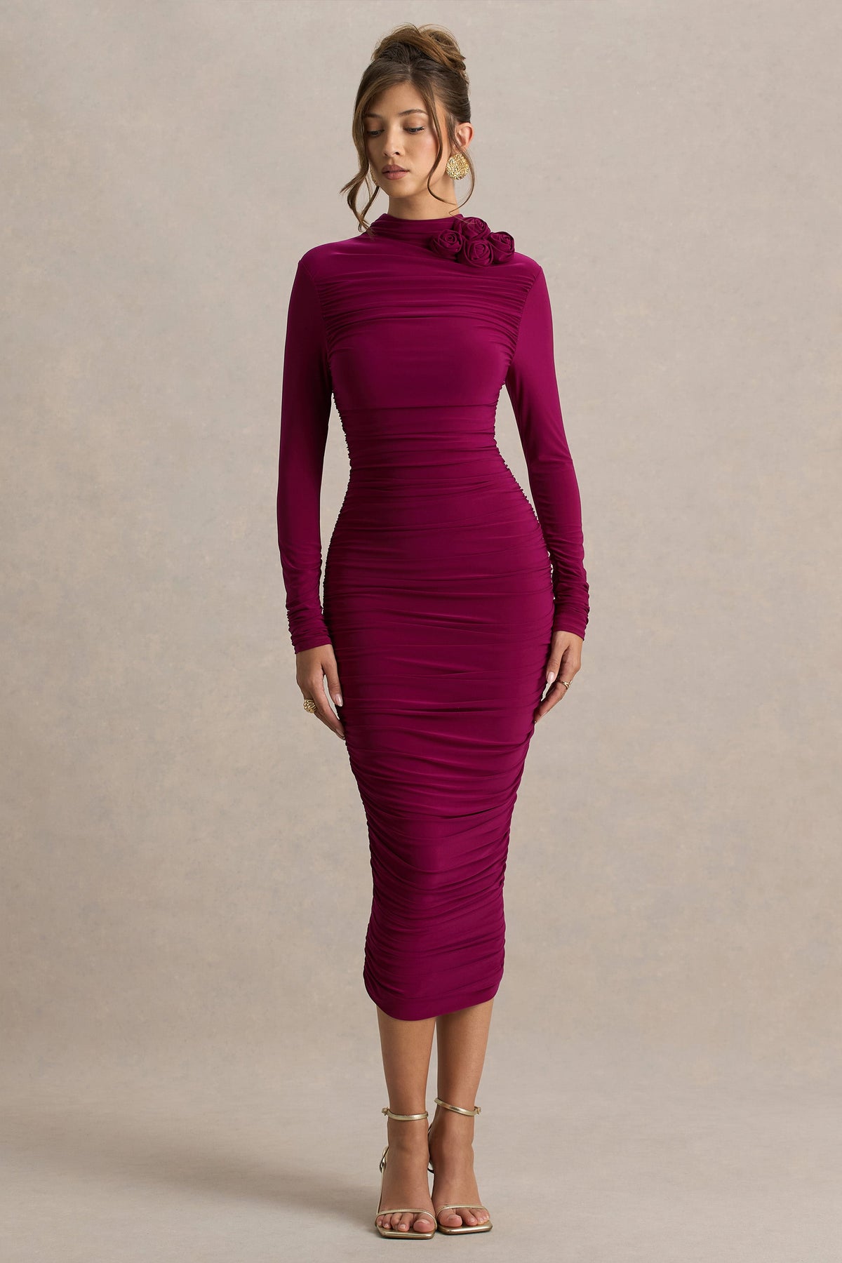 Tamara | Vestido Midi Burdeos de Manga Larga con Fruncidos