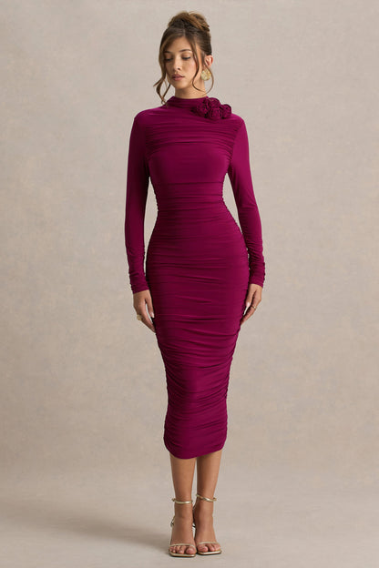 Tamara | Vestido Midi Burdeos de Manga Larga con Fruncidos