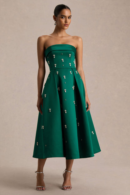 Sylvette | Vestido Midi Skater de Satén Verde Oscuro con Escote Bandeau