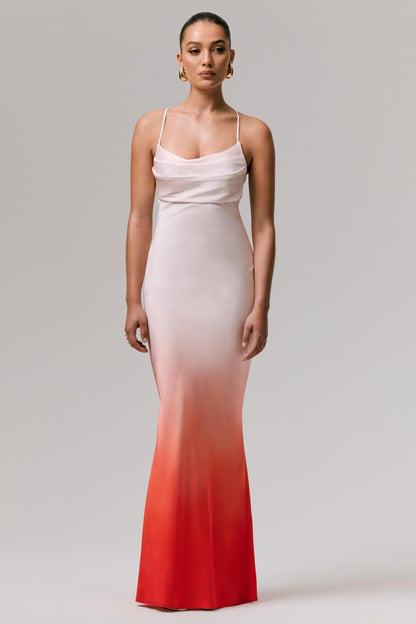 Lucie | Vestido largo entallado con escote cowl y degradado