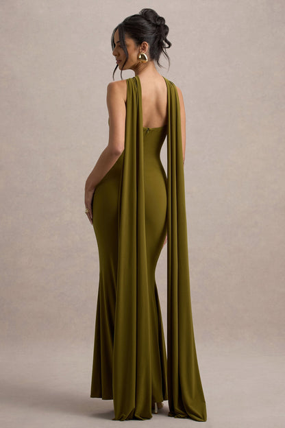 Rhoda | Vestido largo verde con escote halter y  banda decorativa