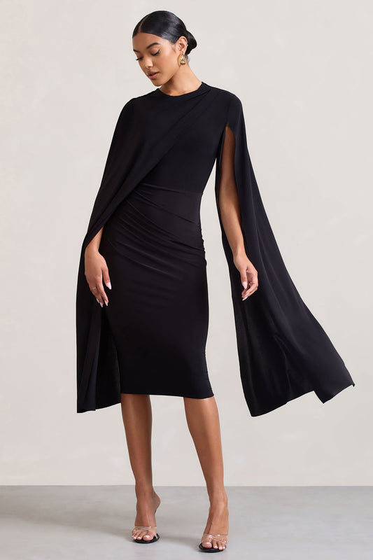 Marysol | Vestido midi negro entallado con mangas tipo capa