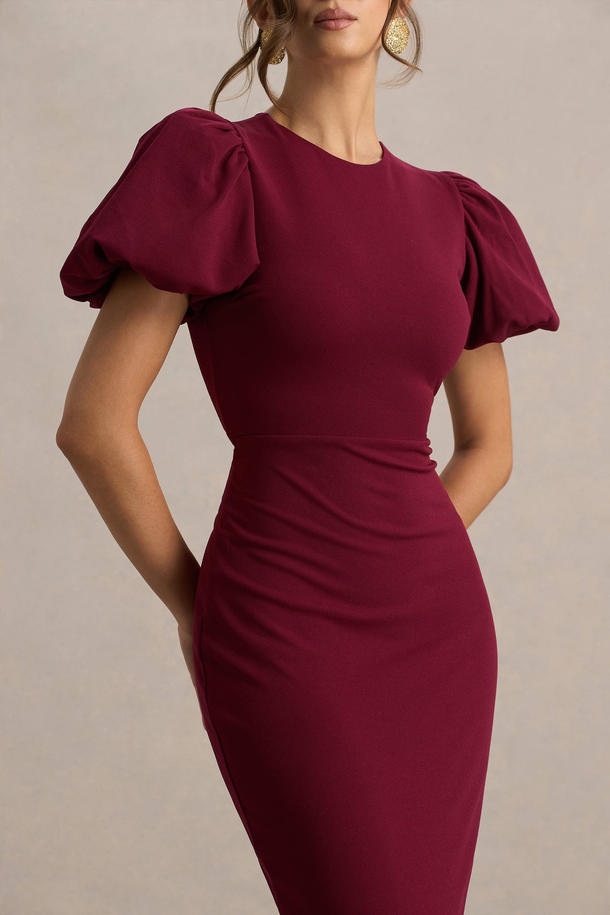 Dakota | Vestido Midi Burdeos De Manga Abullonada