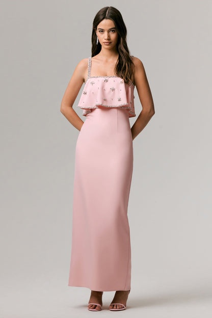 Scarlet | Vestido Largo rosa pálido con escote cuadrado y detalles ornamentales