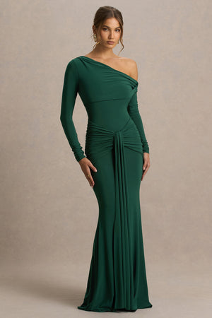Clover | Vestido largo asimétrico con cuello cruzado y fajín en verde oscuro