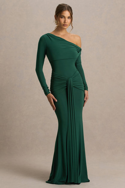 Clover | Vestido largo asimétrico con cuello cruzado y fajín en verde oscuro