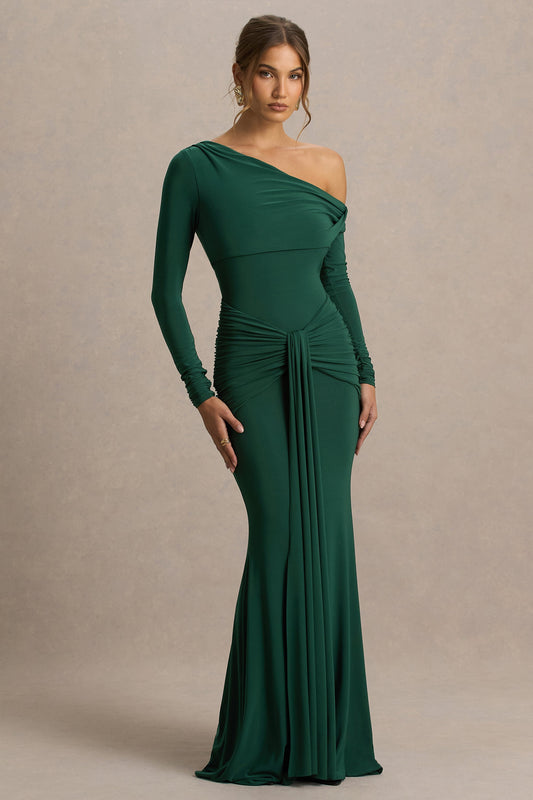Clover | Vestido largo asimétrico con cuello cruzado y fajín en verde oscuro