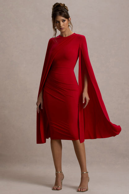 Marysol | Vestido midi ajustado y mangas capa en color rojo