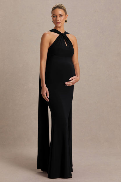 Lyra | Vestido Largo Negro de Cuello Halter Cruzado y Capa