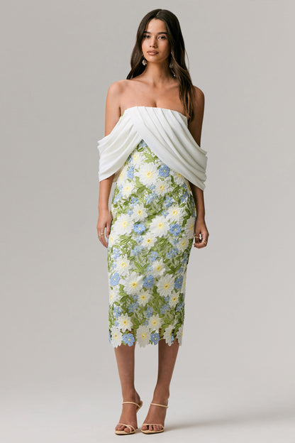 Entitled | Vestido Midi con Estampado Floral Crema y Escote Bardot con Detalles de Encaje