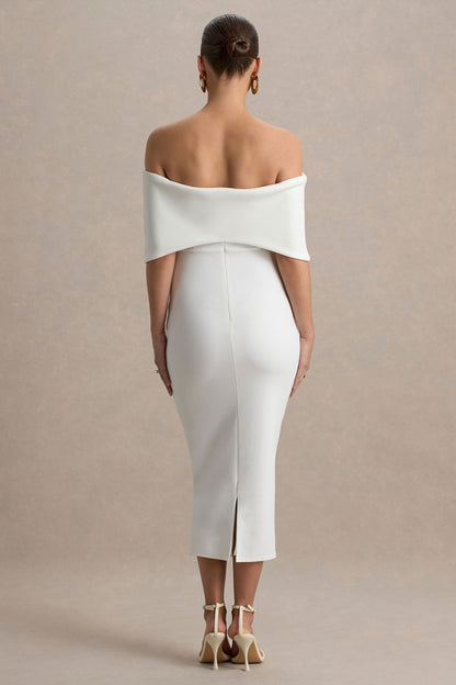 Droplet | Vestido Midi de Premamá Blanco con Lazo y Escote Bardot