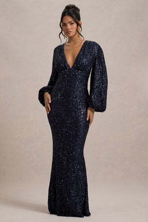 Kaelin |  Vestido largo de Lentejuelas en Azul Marino con Escote en V