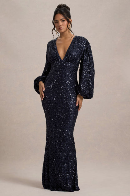 Kaelin |  Vestido largo de Lentejuelas en Azul Marino con Escote en V