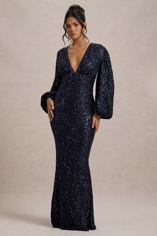 Kaelin |  Vestido largo de Lentejuelas en Azul Marino con Escote en V
