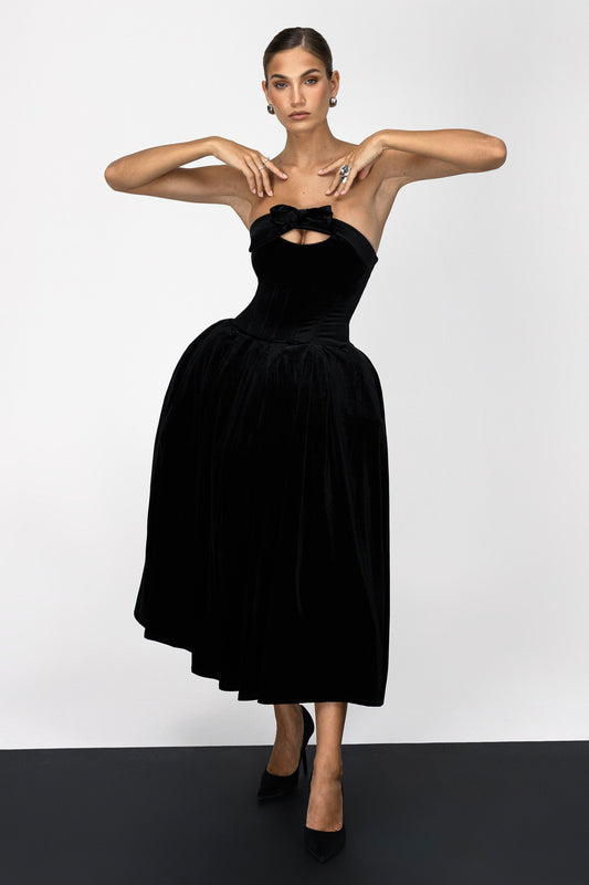Hepburn | Vestido Midi de Terciopelo Negro Bandeau con Lazo