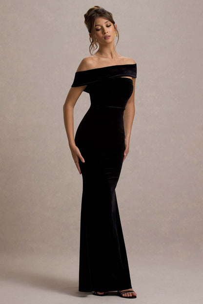 Candela | Vestido largo de Terciopelo negro con Escote Bardot Asimétrico