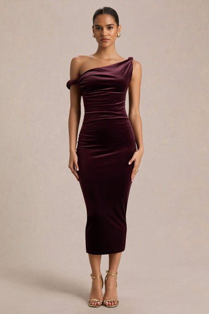 Carella | Vestido Midi Asimétrico de Terciopelo Burdeos con Detalle Retorcido