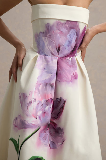 Annalise | Vestido midi con escote bandeau  con estampado floral y falda plisada