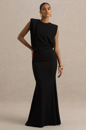 Meave | Vestido largo negro con escote barco y detalle drapeado