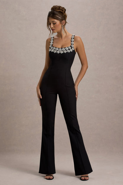 Amadi | Mono negro con detalles brillantes, tirantes con  pierna acampanada.