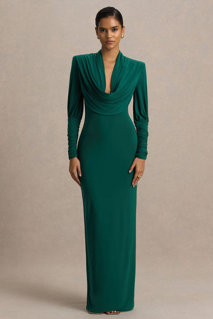 Kaylee | Vestido largo verde botella con mangas largas y escote pronunciado