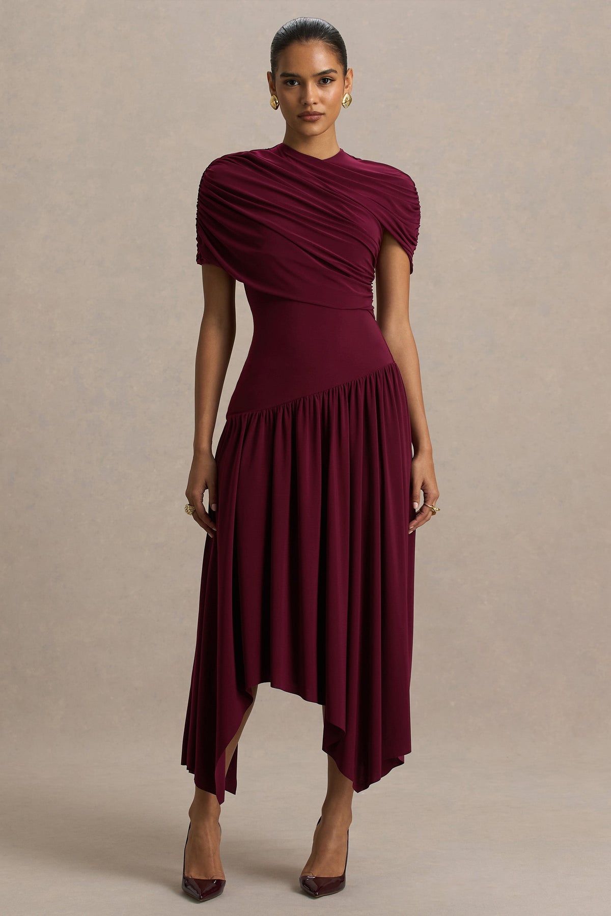 Ione | Vestido Largo Cruzado Burdeos con Dobladillo tipo Pañuelo