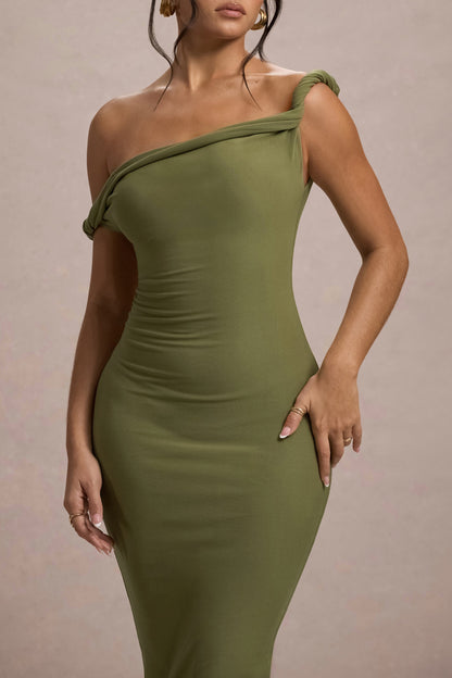 Salome | Vestido Midi verde oliva con escote asimétrico retorcido