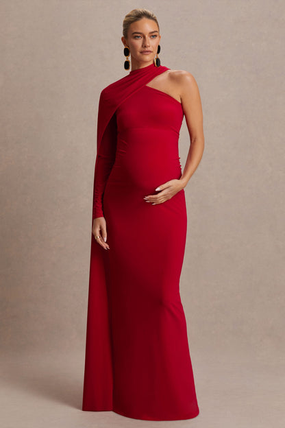 Tessy | Vestido Largo Rojo con Escote Asimétrico y Manga Capa