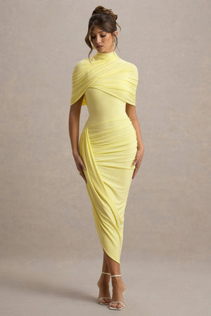Enchant | Vestido Midi Amarillo Limon con detalle de capa y drapeado