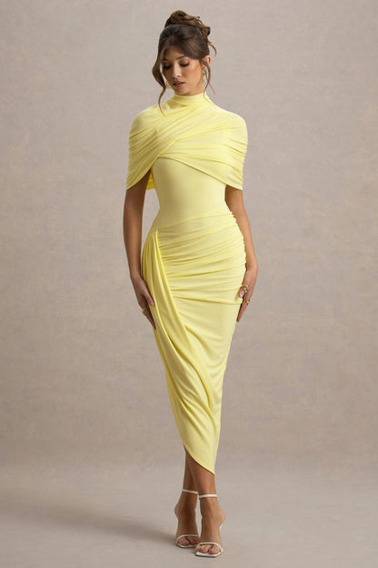 Enchant | Vestido Midi Amarillo Limon con detalle de capa y drapeado