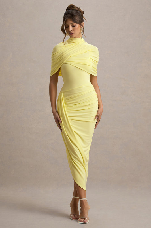 Enchant | Vestido Midi Amarillo Limon con detalle de capa y drapeado