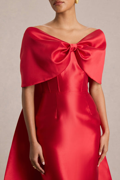 Wanting More | Vestido Largo Rojo de Satén con Capa y Lazo Grande