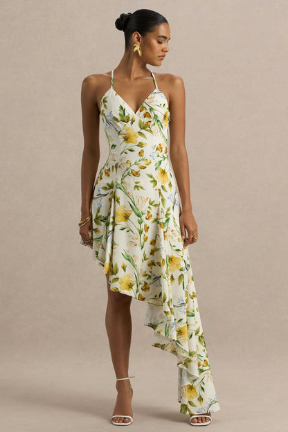 Glint | Vestido largo de Satén con Estampado floral Blanco y Dobladillo Asimétrico