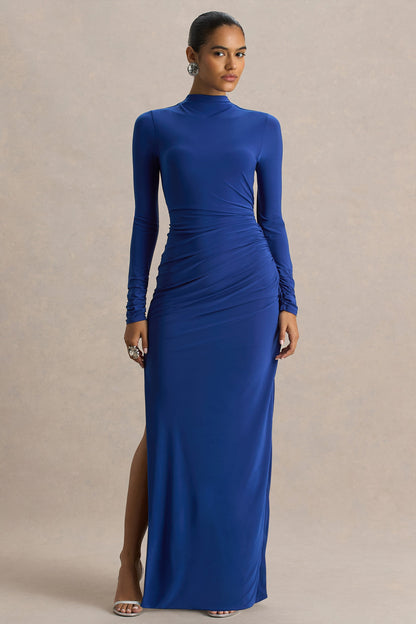 Alluring | Vestido largo en Azul cobalto de Cuello Alto con Detalles Fruncidos