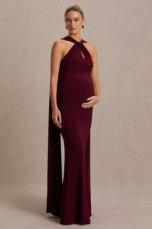 Lyra | Vestido Largo burdeos con cuello halter cruzado y capa