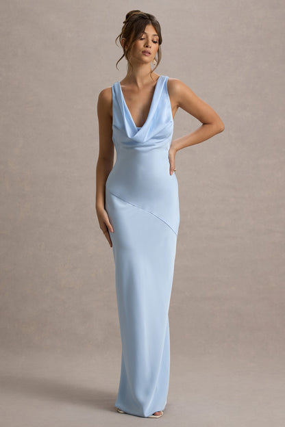 Alesso | Vestido Lencero largo satinado azul cielo con escote drapeado