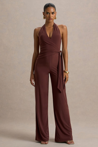 Marlais | Mono en color Chocolate con Escote Profundo y Lazo en la Cintura