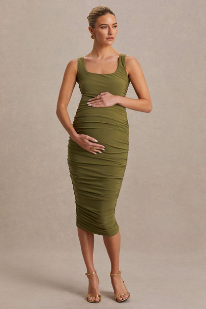 Lisbon | Vestido premamá midi en color oliva con escote cuadrado y fruncidos