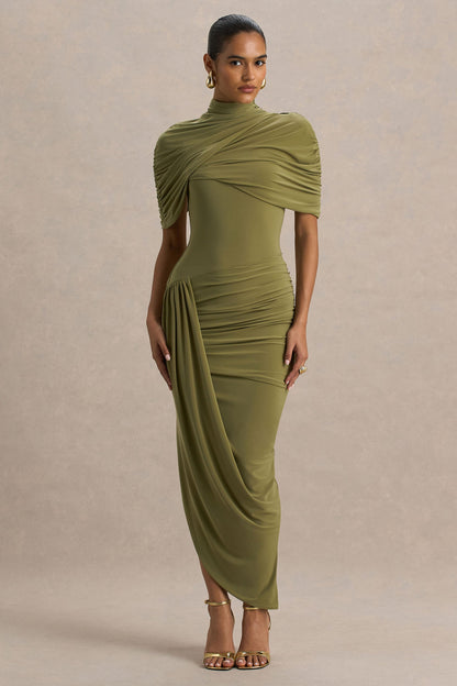 Enchant | Vestido Midi Verde Oliva Con Cuello Alto Y Mangas Capa Asimétricas