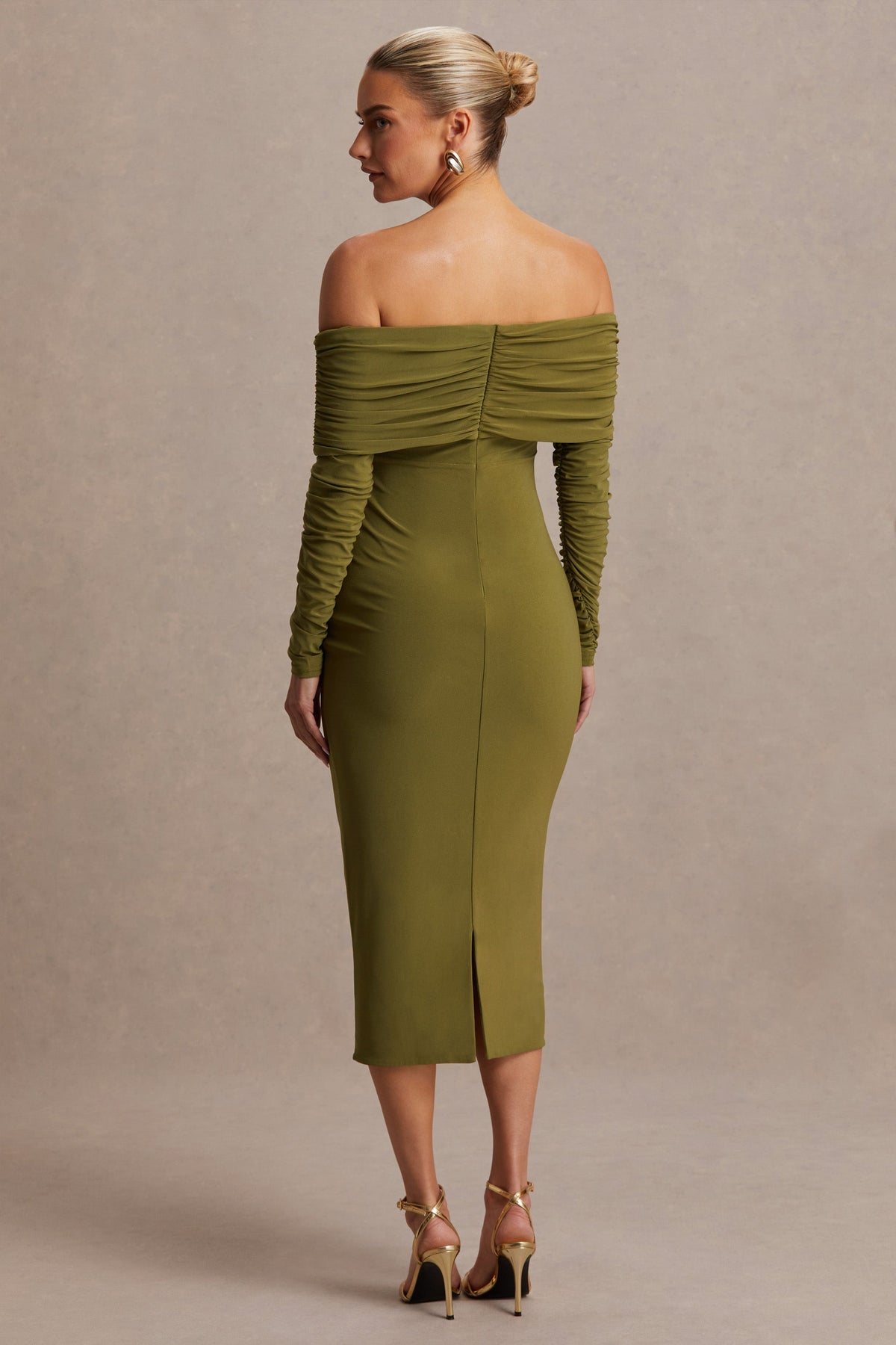 Elspeth | Vestido Midi Premamá con Escote Bardot, Color Oliva