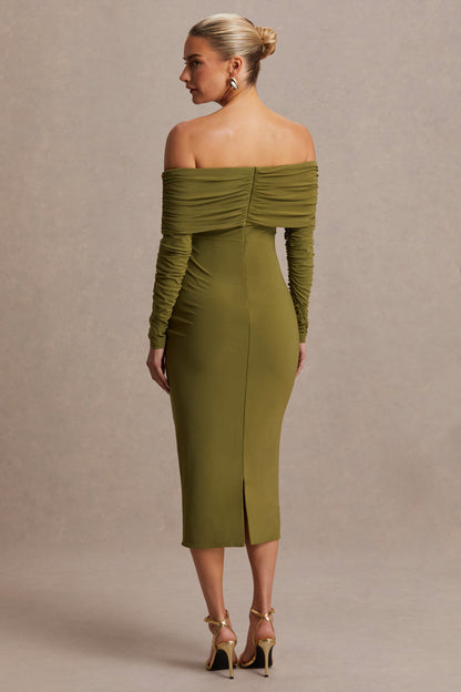 Elspeth | Vestido Midi Premamá con Escote Bardot, Color Oliva