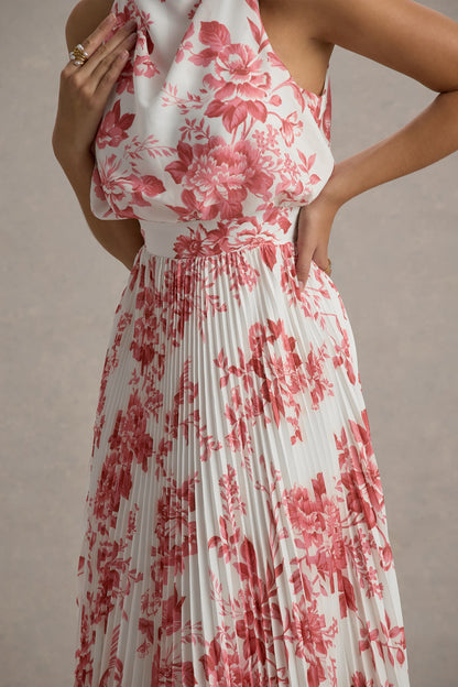 Nila | Vestido midi con estampado floral en colores crema y escote con caída